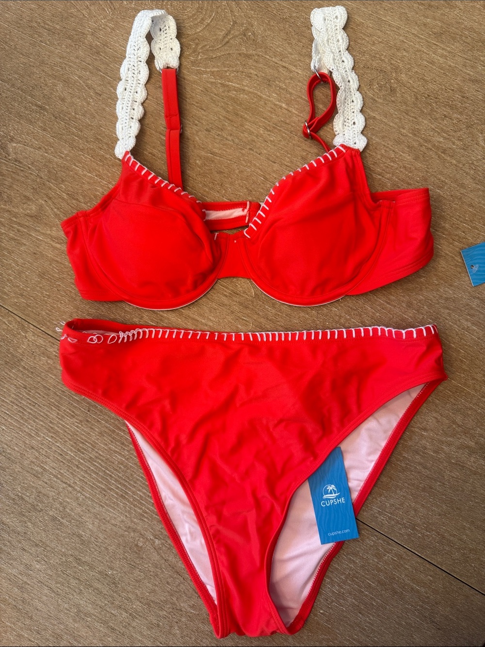 Cupshe Red Bikini Set with White Crochet Straps